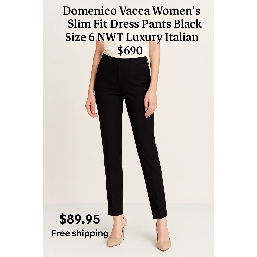 Domenico Vacca Womens Slim Fit‎ Dress Pants Black Size 6 NWT Luxury Italian Wool